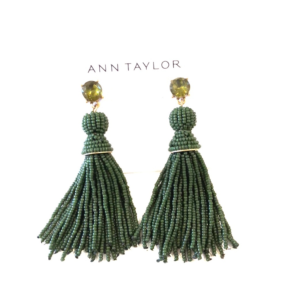 Ann Taylor Forest Green Beaded Tassel Earrings
